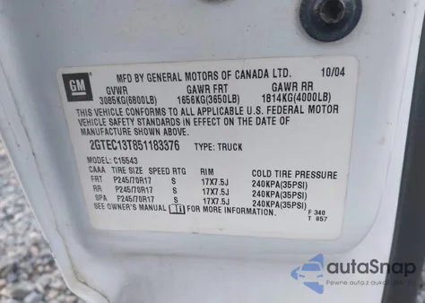 2005 GMC Sierra 1500 Sle z USA, uszkodzony, nr VIN 2GTEC13T851183376